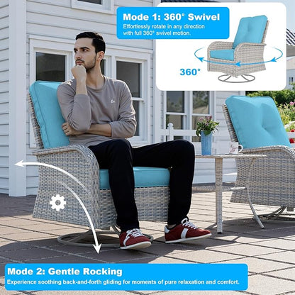 12-Piece Small Patio Furniture Set, Outdoor Swivel Rocking Chairs Set with 55,000 BTU Fire Pit Table Wicker Chairs and Ottomans, Patio Bistro Set for Balcony, Deck, Porch, Lake Blue