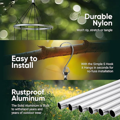 Nature’s Melody Aureole Tunes Wind Chimes – Outdoor Windchime with 6 Tubes Tuned to E Pentatonic Scale, 100% Rustproof Aluminum, Powder Finish & S Hook Hanger for Sympathy, Memorial Gift or Zen Garden