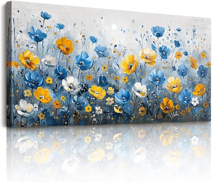 SERIMINO Extra Large Wall Art, Floral Wall Art, Nature Wall Decor, Boho Flower Market Prints, Blue Wildflowers Home Decorations, Aesthetic Pictures for Living Room Bedroom Dining Room Hallway 29"x57"