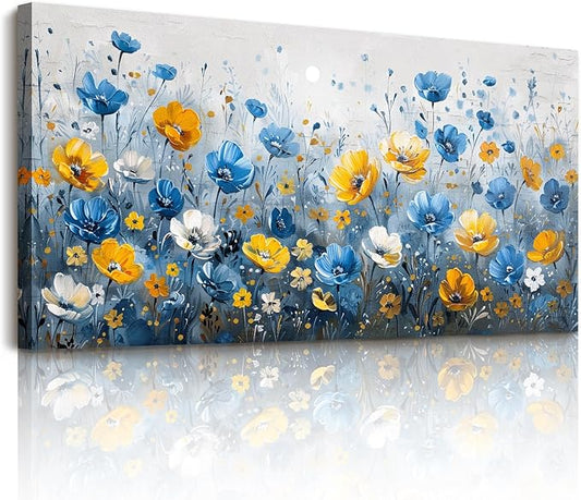 SERIMINO Extra Large Wall Art, Floral Wall Art, Nature Wall Decor, Boho Flower Market Prints, Blue Wildflowers Home Decorations, Aesthetic Pictures for Living Room Bedroom Dining Room Hallway 29"x57"