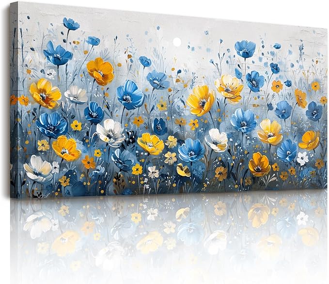 SERIMINO Flower Wall Art, Large Wall Art, Blue Wall Decor, Botanical Floral Canvas Prints, Natural Plant Watercolor Paintings for Living Room Bedroom Bathroom Farmhouse House Decorations 24"x48"