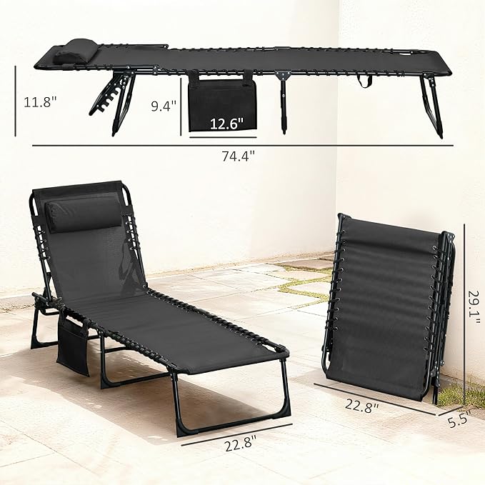 Outsunny Folding Chaise Lounge Chair Outdoor, Sun Tanning Chair with Side Pocket, Carrying Strap, Portable Patio Beach Lounger with 5-Position Reclining Back, Headrest for Pool, Camping, Yard, Black