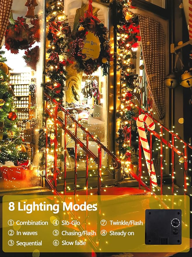 4 Pack 400 LED Solar String Lights for Outside, Solar Christmas Lights Outdoor with 8 Lighting Modes, Waterproof Green Wire Solar Powered Tree Light for Xmas Party Yard Garden Decorations (Warm White)