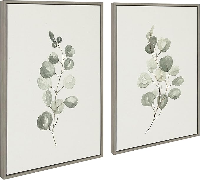 Kate and Laurel Sylvie Eucalyptus 4a & Eucalyptus 4b Framed Canvas Wall Art Set by Maja Mitrovic of Makes My Day Happy; 2 Piece 23x33 Gray; Simple Plant Art Set Wall Décor