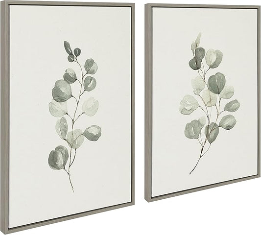 Kate and Laurel Sylvie Eucalyptus 4a & Eucalyptus 4b Framed Canvas Wall Art Set by Maja Mitrovic of Makes My Day Happy; 2 Piece 23x33 Gray; Simple Plant Art Set Wall Décor