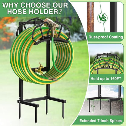 Qatsrin Garden Hose Holder with Faucet, Super Stable Water Hose Holder Stand Holds 160-Feet Hoses, Freestanding Detachable Hose Storage Hanger Reels Rack for Yard Lawn Farm