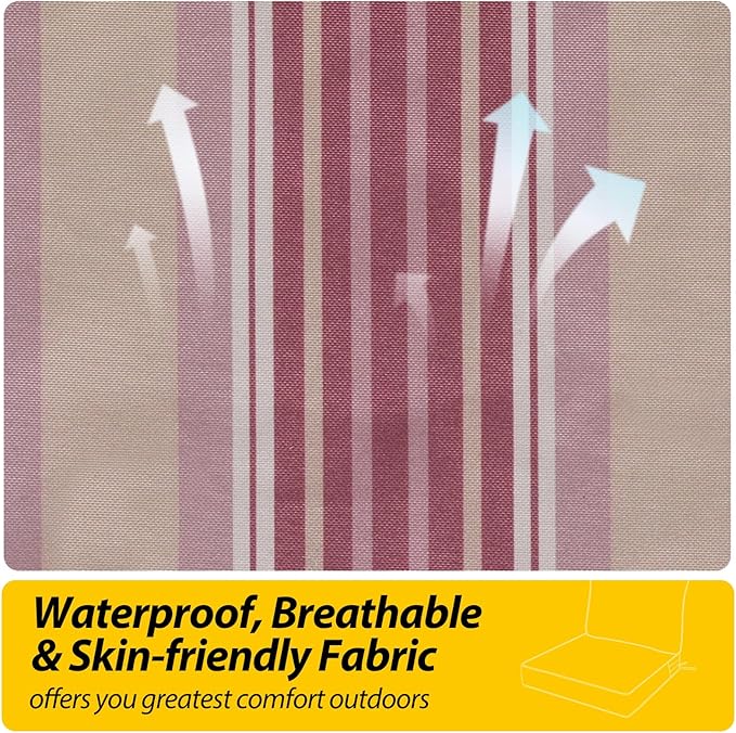 AAAAAcessories Outdoor Seat Cushions for Chairs, Fade-Resistant, Waterproof Patio Furniture Replacement Cushions, 22" x 22" x 3" + 22" x 17", Dusty Rose Garden Stripe