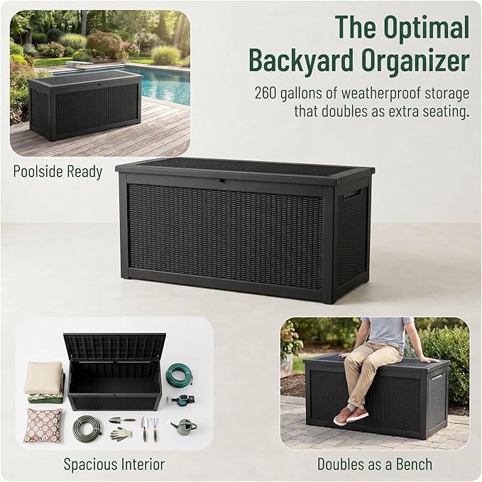 260 Gallon Deck Box, Waterproof Resin Outdoor Storage Box Lockable for Patio Furniture, Fade Resistant Patio Side Table & Organizer for Garden Tools, Pool Floats, Outdoor Cushions, Black