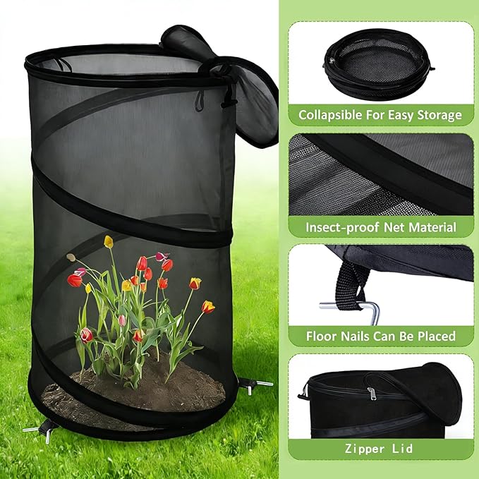 4 Pcs Pop Up Mesh Plant Protectors, 21 x 13 Foldable Garden Cover, Specifically Designed for Outdoor Vegetables, Seedlings & Flowers, Animal Barrier Cloches with Stakes (Black)