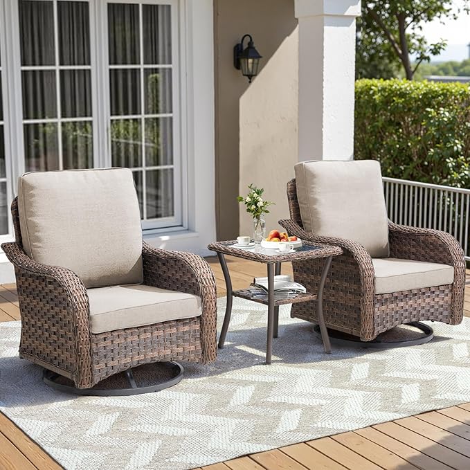 Patio Wicker Chairs Swivel Rocker Outdoor Rocking Chairs Set of 3 Rattan Furniture Set with Thick Cushion for Balcony Deck Backyard, Beige