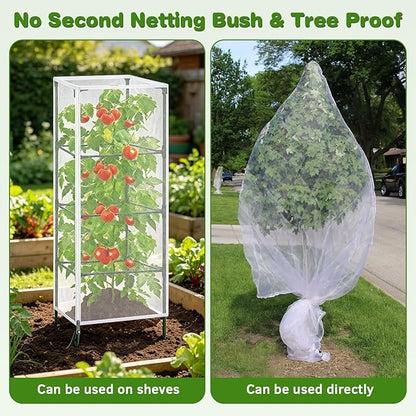 3 Pack Garden Bird Netting Plant Cover for Square Tomato Cages Protection, 59"x18" Insect Bird Barrier Garden Plant Netting Tomato Trellis Protective Cover with Zipper & Drawstring