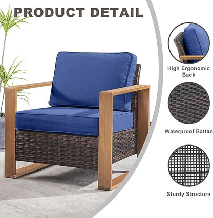 Rilyson Outdoor Wicker Patio Furniture Set - 4 Piece Patio Conversation Set with 2 Wicker Armrest Chairs,2 Rattan Ottoman, Sturdy Frame, Thick Cushions, Deep Seating(Brown/Blue)