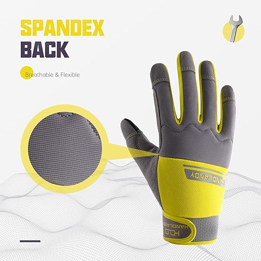 HANDLANDY Work Gloves Mens & Women, Utility Safety Mechanic Working Gloves Touch Screen, Flexible Breathable Yard Work Gloves (XX-Large, Grey&Yellow)