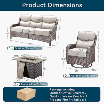 Luxury High Back Outdoor Furniture 6-Inch Thick Cushions with 50,000 BTU Gas Propane Fire Pit Tablet, Patio Furniture Set with Swivel Chairs, for Porch, Balcony, Deck and Yard