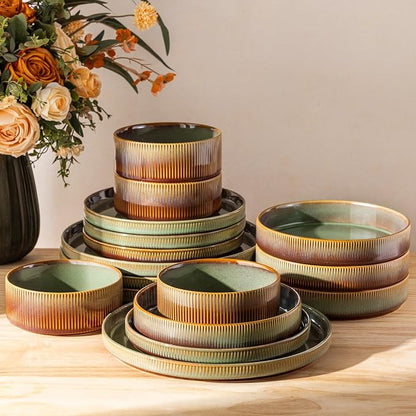 TheTerra Ceramic Dinnerware Sets for 4, 16 Pieces Porcelain Lightweight Plates and Bowls Sets, Scratch Resistant Dish Set, Oven & Microwave & Dishwasher Safe, Sage Umber