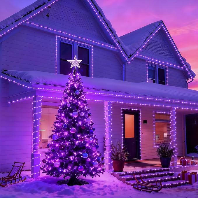 YEGUO Solar Christmas Lights Outdoor Waterproof, 2 Packs Each 33ft 100 LED Rope Lights, 8 Modes Fairy String Lights in Clear Thin Tube for Camping Fence Patio Garden Trampoline Deck(Purple)