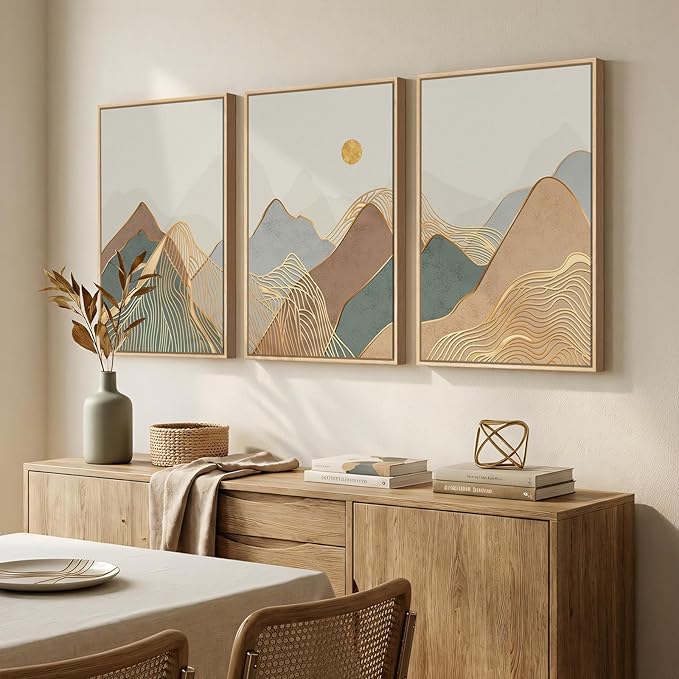 Framed Boho Abstract Mountain Wall Art Bedroom, 3 Piece Modern Nature Landscape Canvas Artwork for Walls, Sunset Minimalist Scenic Prints Wall Decor for Living Room Dining Room Hallway, 16x24 Inch