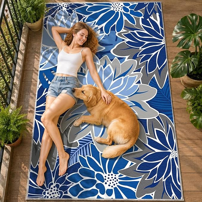 ZonLi Colorful Outdoor Rug 6x9Ft Waterproof Multicolored Indoor Area Rug Washable Outdoor Patio Rugs Tropical Floral Non Slip Outdoor Carpet for Living Room, Pool,Backyard,Deck,Camping