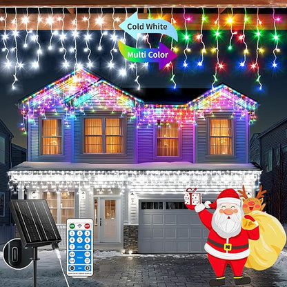 Solar Christmas Lights Outdoor, 66+16Ft 660LED Multicolor & Cool White Dual Color Changing Icicle Lights 2400mAH Connectable Rechargeable Dimmable Remote 8 Modes for Xmas House Roof Holiday Party