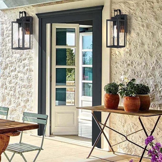 WISBEAM Black 13.7in Outdoor Wall Lantern for House, Black Outdoor Porch Sconce Light Fixture, E26 Base 60W Max, Metal Housing Plus Glass, ETL Qualified, Bulbs not Included
