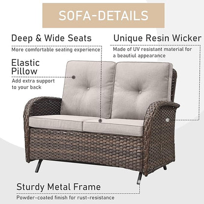 HUMMUH 5-Piece Patio Furniture Set with Fire Pit,Wicker Patio Glider Loveseat Outdoor Swivel Rocker Chairs for Backyard,Poolside,Deck