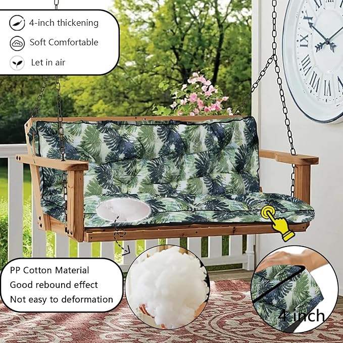 Porch Swing Cushion Three Seat, Waterproof Swing Cushions Replacement with Backrest, Outdoor Garden Furniture Patio 4" Thickened Cushions with Ties (Palm, 40 x 71in)