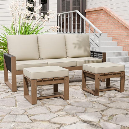 Rustic Hideaway Natural Cedar Wood Outdoor Furniture Set, Wicker Patio Conversation Set for Porch Garden Backyard, Couch and 2 Ottomans, 3 Piece, Brownish/Beige