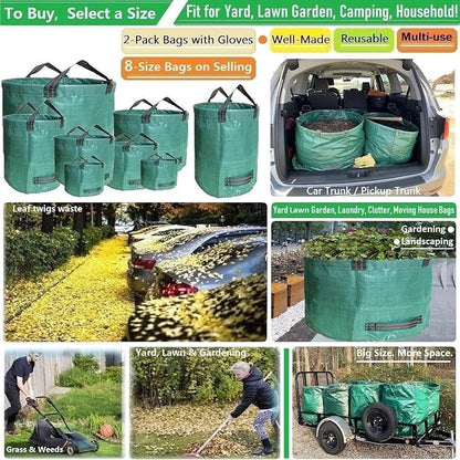 Professional 2-Pack 63 Gallon Lawn Garden Bags Big (D31,H19 in) Yard Waste Bags with Gardening Gloves for Reusable Leaf Bag,Garden Trash Containers,Lawn Weeds,Grass Clippings,Yard Debris Bag 4 Handles