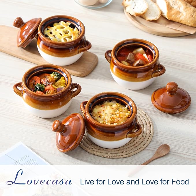 LOVECASA 22 OZ French Onion Soup Bowls with Lid, Porcelain Soup Crocks with Handles,Oven Safe Serving Bowls for Soup, Beef Stew, Cereal, Pot Pies, lasagna,Chilli,Set of 4