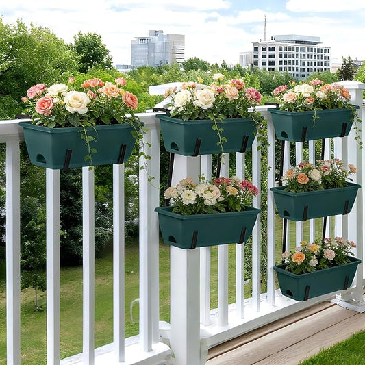 OYEAL Window Boxes Planters with Adjustable Brackets Set of 2 Fence Planters, Over the Deck Railing Planter Box with 6 Pack Hanging Plastic Flower Pots, Drainage Holes for Indoor Outdoor, Green