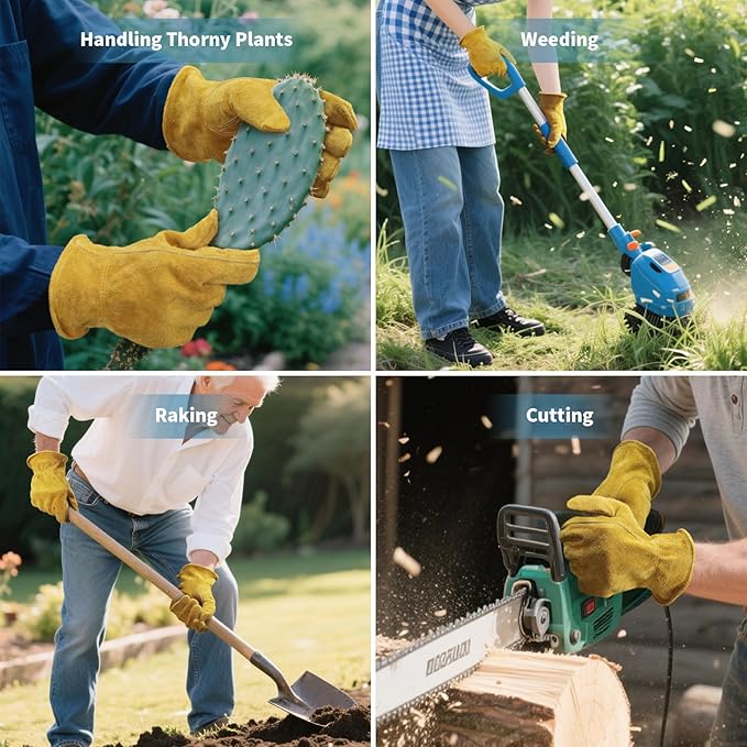 Leather Gardening Gloves for Men Women: Thorn Proof Cowhide Work Gloves for Yard Work Rose Pruning Heavy Duty