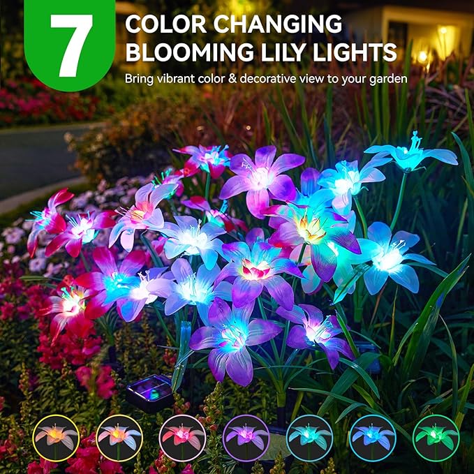 WdtPro Solar Lights Outdoor Waterproof Clearance, 8 Pack RGB Solar Garden Lights with 32 Enlarged Blooming Lily Flowers, 7 Color Changing Solar Lights for Outside Yard, Patio, Decor, Gifts