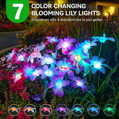 WdtPro Solar Lights Outdoor Waterproof Clearance, 8 Pack RGB Solar Garden Lights with 32 Enlarged Blooming Lily Flowers, 7 Color Changing Solar Lights for Outside Yard, Patio, Decor, Gifts