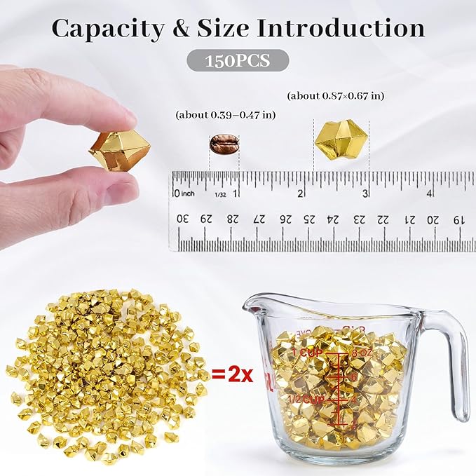 DomeStar 150PCS Gold Acrylic Ice Rocks – Faux Gems Nuggets Vase Fillers Pot of Gold, Glitter Party Decorations, DIY Crafts & Table Scatter