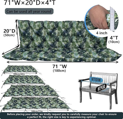 Outdoor Swing Cushions 3 Seater Waterproof, Replacement Bench Cushions for Outdoor Patio Furniture with Backrest, Porch Swing Cushion with Ties for Lawn and Garden (Palm, 40x71in)
