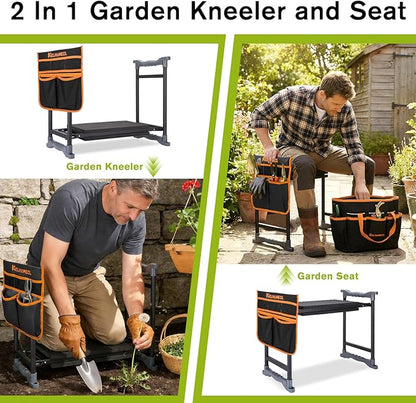 Garden Kneeler and Seat with Umbrella, 2-in-1 Foldable Gardening Stool with Adjustable Bracket, Detachable Tool Bags, Heavy Duty Kneeling Pad for Gardening (Black Orange)
