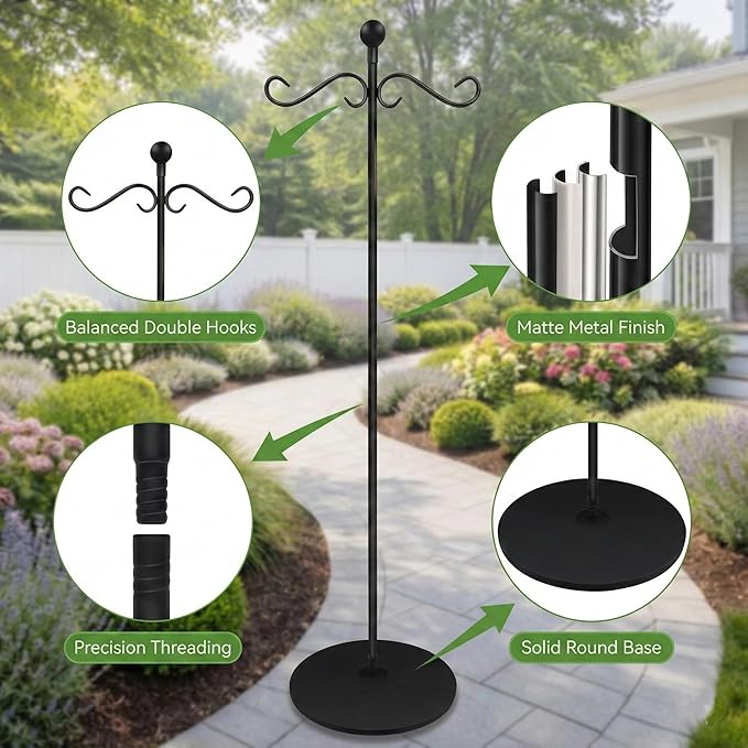 58 Inch Double Shepherds Hooks for Outdoor Indoor with Round Base Stand, Adjustable Shepherds Hook for Bird Feeder, Wind Chime, Solar Light for Garden Patio Home Decor