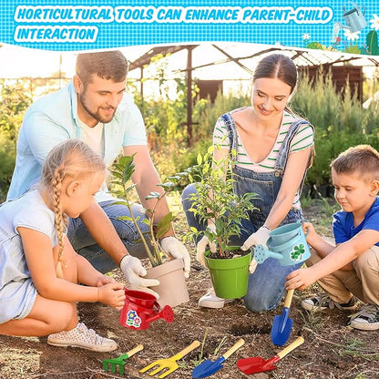 130 Pcs Kids Garden Tools Set Include 6 Pcs Small Metal Watering Can 24 Gardening Tools Kit Shovel, Rake, Fork and Trowel with Wooden Handle and 100 Stickers for Kids Beach Planting Gifts