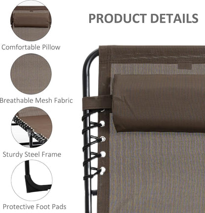 Outdoor Lounge Chair, Tanning Chair with Sunshade Roof, Adjustable Backrest Folding Chaise Lounge with Pillow Headrest for Outside, Beach, Camping, Hiking (No Sunshade Roof, Brown)