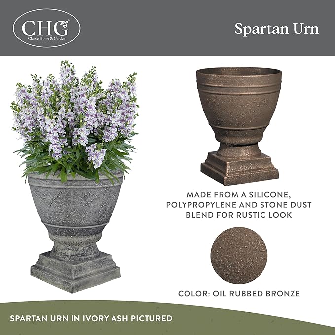 Classic Home and Garden Spartan Urn Planter - Timeless Plant Urn for Floral Displays - Durable Indoor & Outdoor Plastic Garden Planters (14”, Oil Rubbed Bronze)