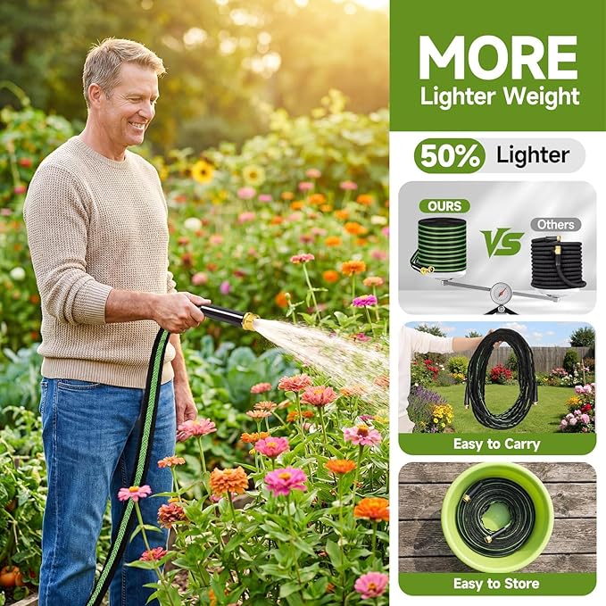 Garden Hose 75ft Flexible Non-Expandable Water Hose Kink-Free Lightweight Leak-Proof High Pressure Durable Outdoor Portable Fabric Hoses Pipe with 3/4” Sturdy Fittings for Yard Lawn Car Wash
