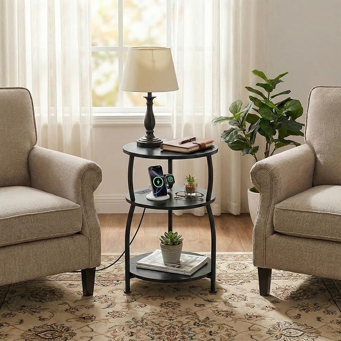 Round Side Table with Power Outlet & USB Ports, 3-Tier End Table with Storage Shelf, 15.7" Wide Nightstand for Small Spaces, Tall Bedside Table Capable of Charging Laptops & Phones, Black