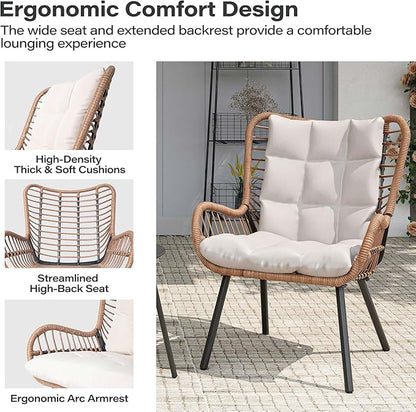 LAUSAINT HOME 3 Piece Outdoor Bistro Set, Small Patio Furniture Set with Coffee Table and Thick Cushions, Front Porch Furniture for Lawn, Garden, Balcony, Poolside, White