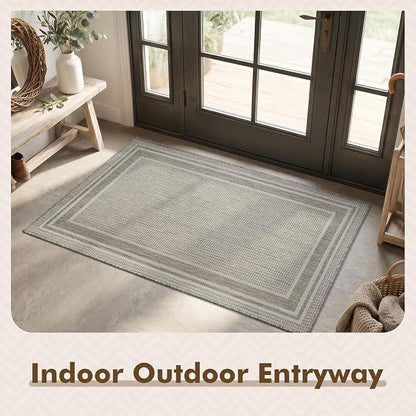 MontVoo-3x5 Outdoor Rug Porch Entryway Rug-Polypropylene Indoor Outdoor Rugs for Entryway Kitchen Balcony Patio, Textured Weave, Durable, Fade-Resistant, Non-Shedding, Modern Neutral Grey
