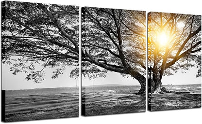 Biuteawal 3 Piece Wall Art Black White Tree at Warm Sunrise Landscape Picture Photo Canvas Prints Nature Tree of Life Painting for Home Office Living Room Decor Stretched and Framed Ready to Hang