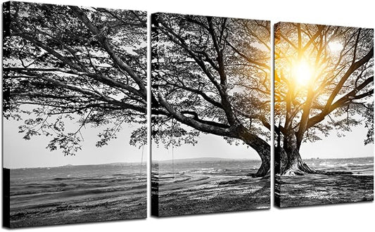 Biuteawal 3 Piece Wall Art Black White Tree at Warm Sunrise Landscape Picture Photo Canvas Prints Nature Tree of Life Painting for Home Office Living Room Decor Stretched and Framed Ready to Hang