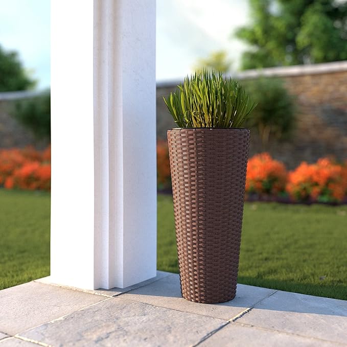 Balkene Home Noah Round Wicker Planter Tall Planter Decor Box for Adaptable Outdoor Furnishings All Weather Versatile Perfect Patio Herb Garden Living Space - 2 Piece Set - Mocha