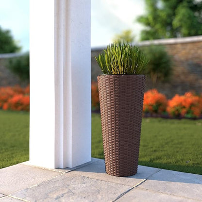 Balkene Home Noah Round Wicker Planter Tall Planter Decor Box for Adaptable Outdoor Furnishings All Weather Versatile Perfect Patio Herb Garden Living Space - 2 Piece Set - Mocha