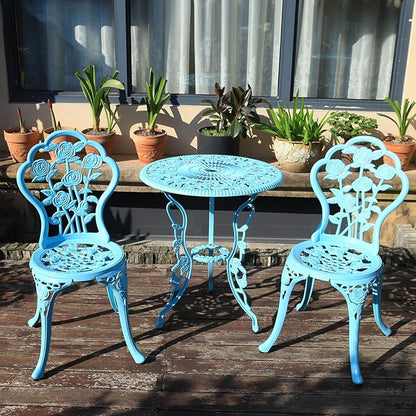 KAILI Outdoor Furniture Bistro Set with Rose Pattern 1 Table 2 Chairs for Garden Patio Porch (Rose-Light Blue)
