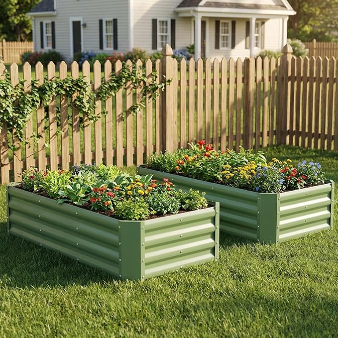 INNO STAGE 2 Pcs 4×2×1ft Galvanized Raised Garden Bed Kit, Galvanized Planter Raised Garden Boxes Outdoor, Large Metal Raised Garden Beds for Vegetables, Flowers, Herbs, and Succulents, Olive Green